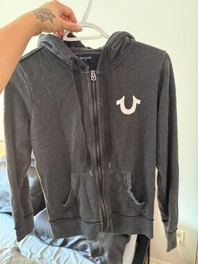 True Religion Charcoal Zip Hoodie with White Horseshoe Emblem